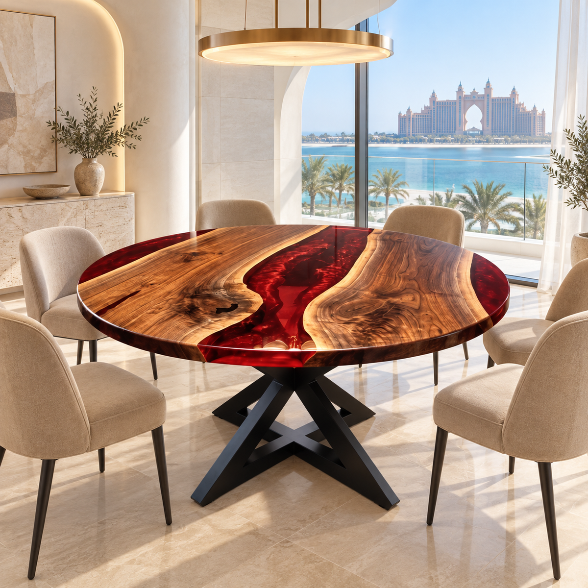 Ruby River Round Epoxy Dining Table – Live Edge Wood Statement Table