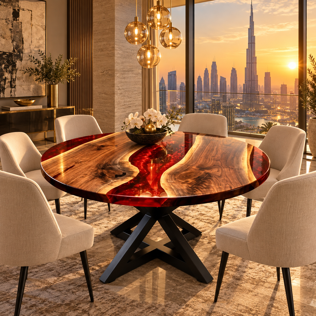 Ruby River Round Epoxy Dining Table – Live Edge Wood Statement Table