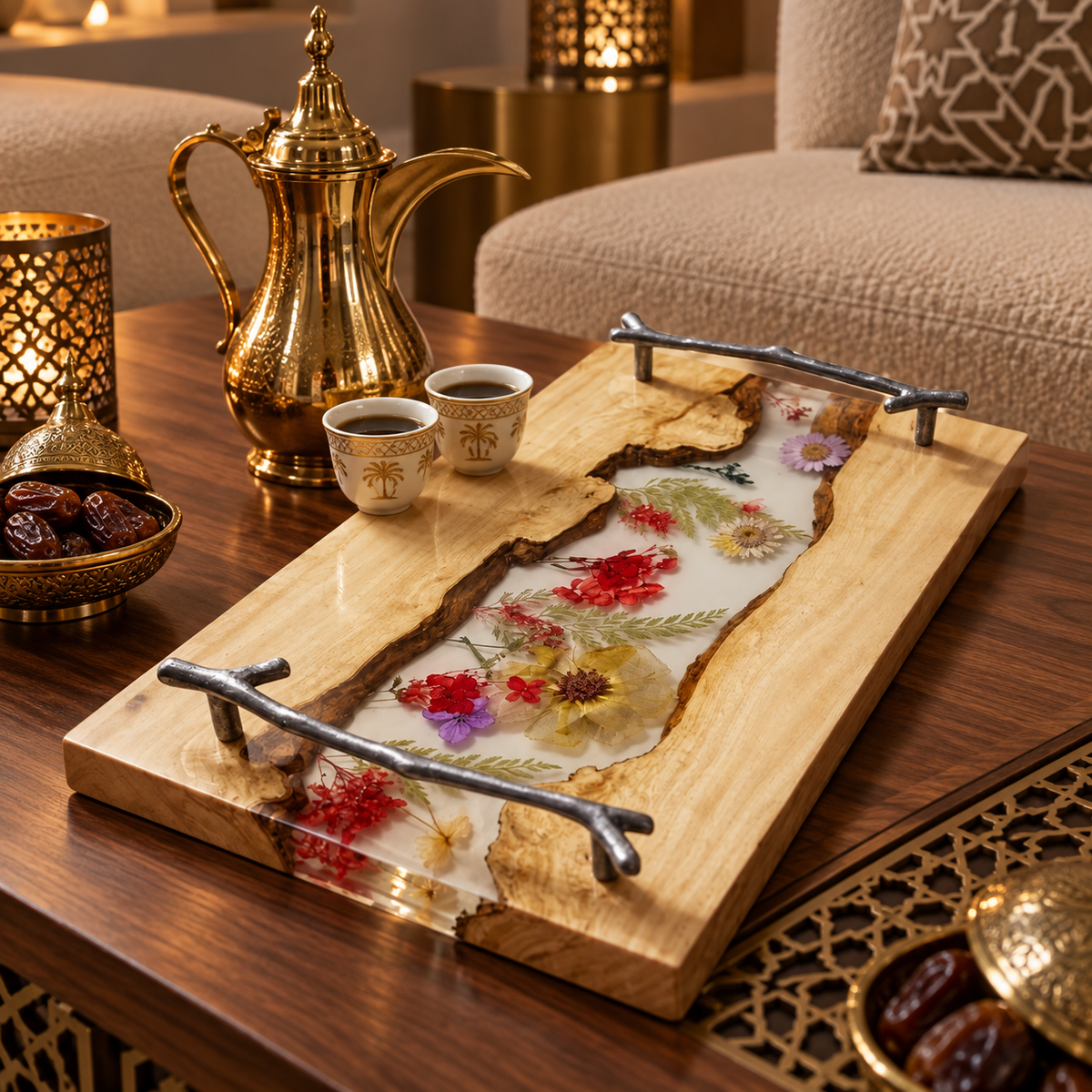 Pressed Flower Epoxy Wood Serving Tray – Botanical Resin Decorative Tray