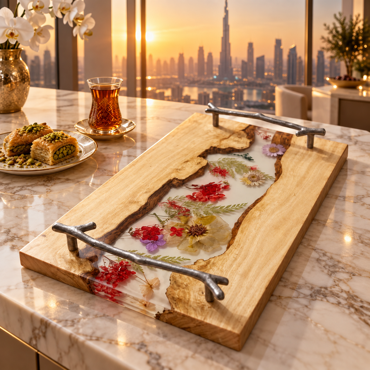 Pressed Flower Epoxy Wood Serving Tray – Botanical Resin Decorative Tray