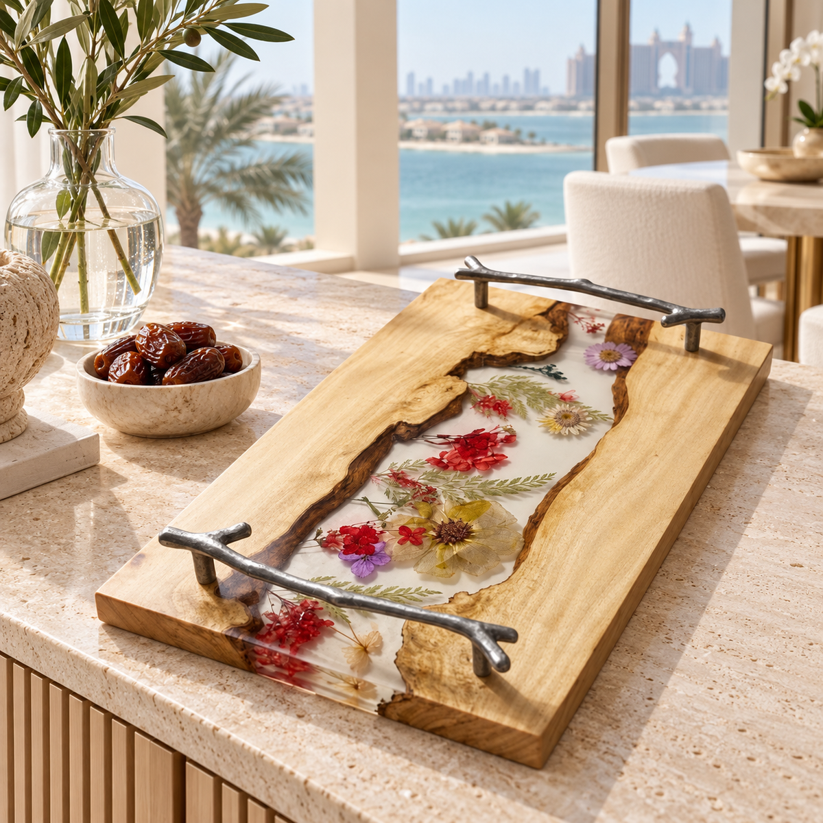 Pressed Flower Epoxy Wood Serving Tray – Botanical Resin Decorative Tray