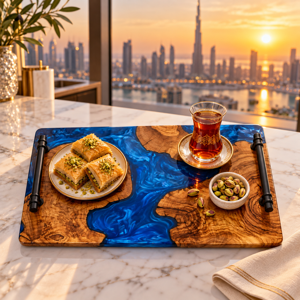 Ocean Blue Epoxy Wood Serving Tray – Resin River Breakfast Tray with Handles