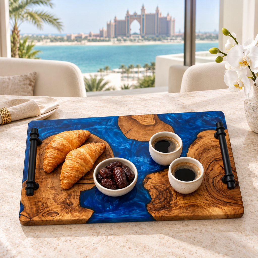 Ocean Blue Epoxy Wood Serving Tray – Resin River Breakfast Tray with Handles
