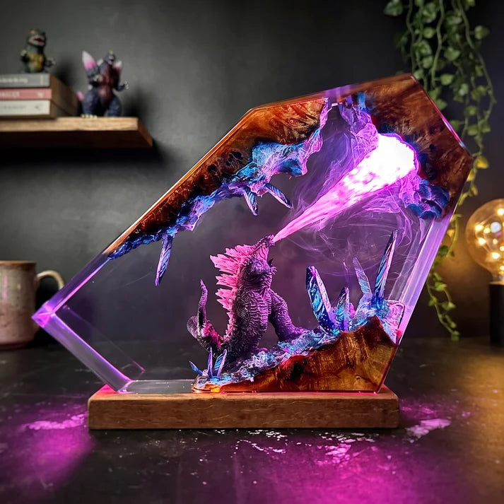 Fantasy Monster Battle Epoxy Resin Lamp – LED Creature Diorama Display