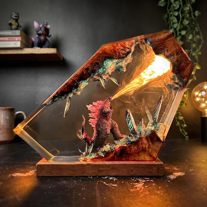 Fantasy Monster Battle Epoxy Resin Lamp – LED Creature Diorama Display