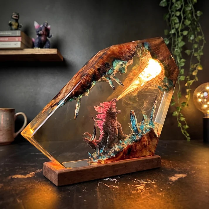 Fantasy Monster Battle Epoxy Resin Lamp – LED Creature Diorama Display