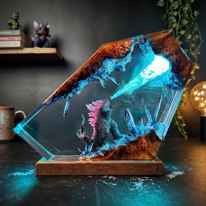 Fantasy Monster Battle Epoxy Resin Lamp – LED Creature Diorama Display