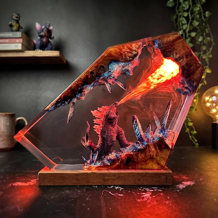 Fantasy Monster Battle Epoxy Resin Lamp – LED Creature Diorama Display