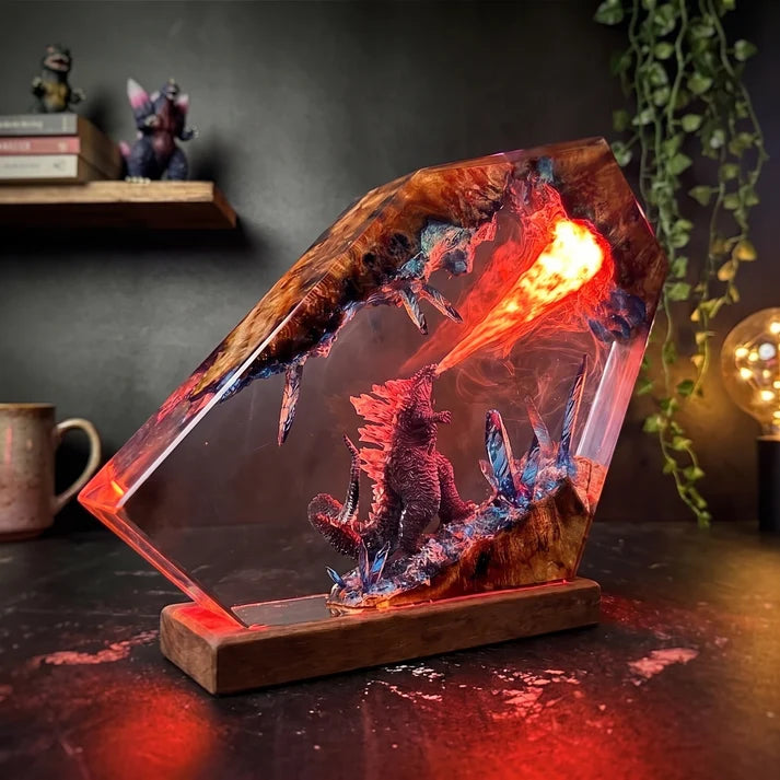 Fantasy Monster Battle Epoxy Resin Lamp – LED Creature Diorama Display