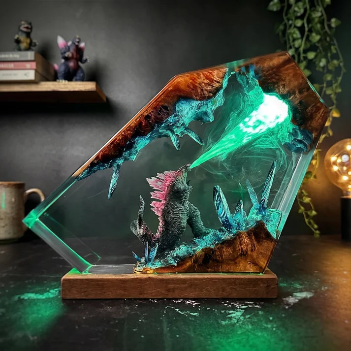 Fantasy Monster Battle Epoxy Resin Lamp – LED Creature Diorama Display