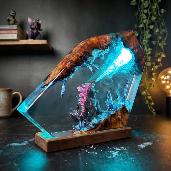 Fantasy Monster Battle Epoxy Resin Lamp – LED Creature Diorama Display