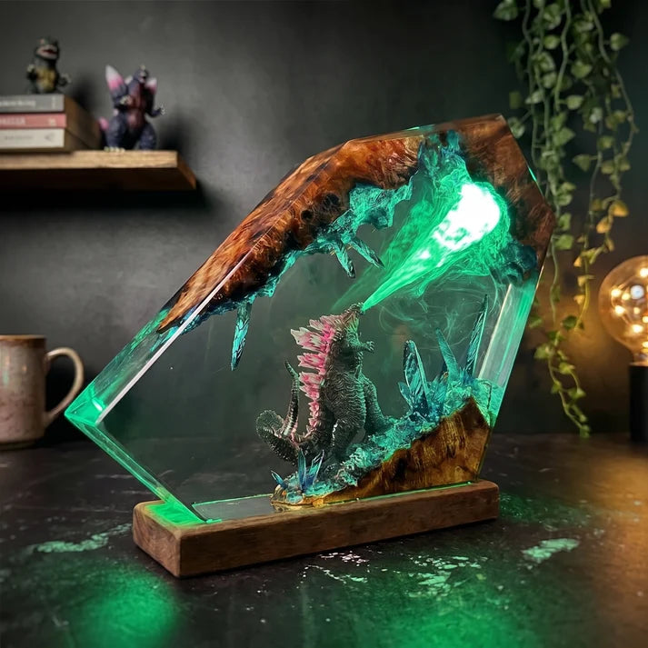 Fantasy Monster Battle Epoxy Resin Lamp – LED Creature Diorama Display