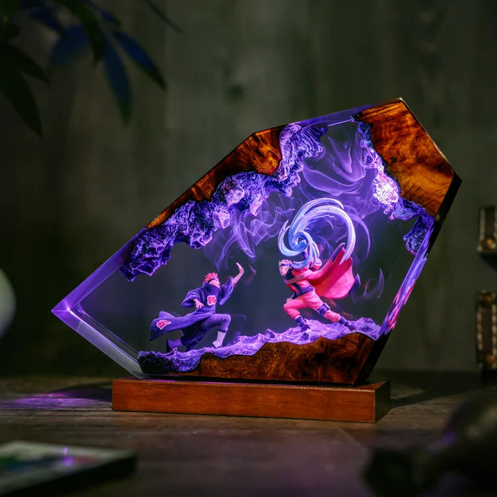 Anime Ninja Battle Epoxy Resin Lamp – Blue LED Energy Diorama Light