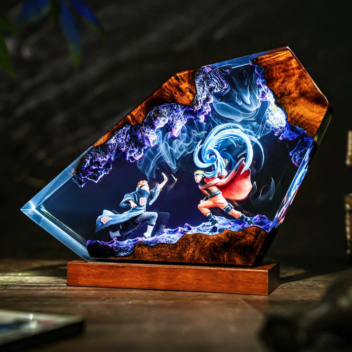 Anime Ninja Battle Epoxy Resin Lamp – Blue LED Energy Diorama Light