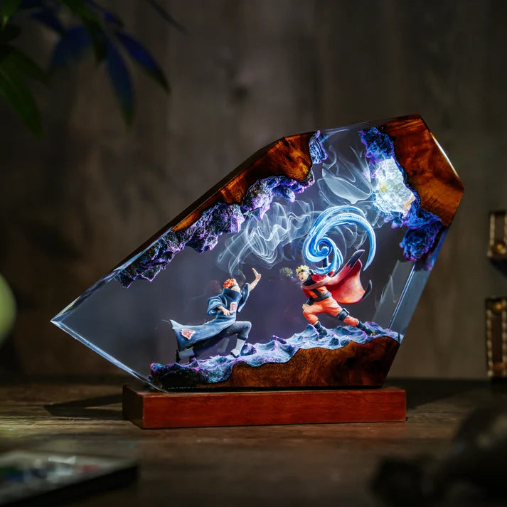 Anime Ninja Battle Epoxy Resin Lamp – Blue LED Energy Diorama Light