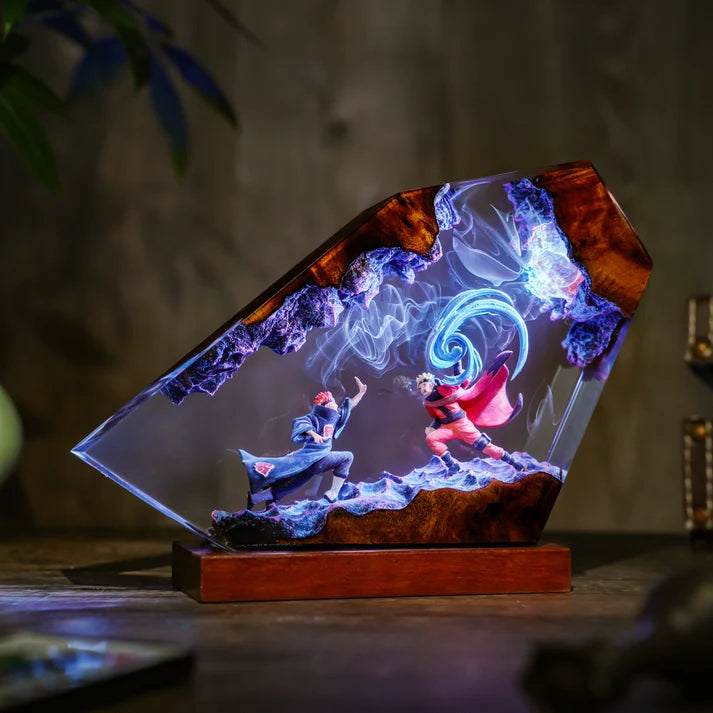 Anime Ninja Battle Epoxy Resin Lamp – Blue LED Energy Diorama Light