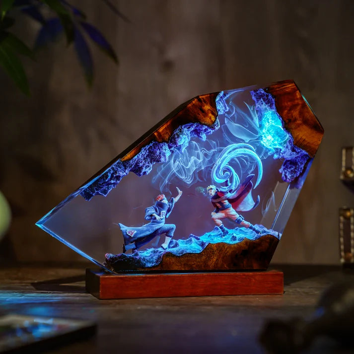 Anime Ninja Battle Epoxy Resin Lamp – Blue LED Energy Diorama Light