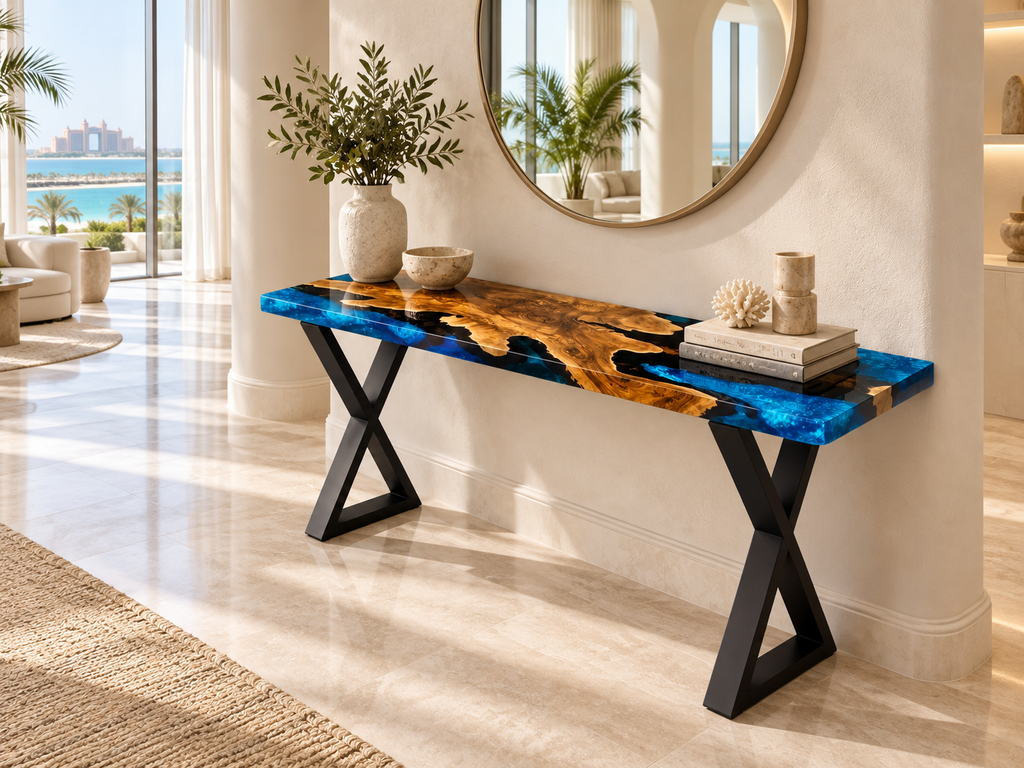 Azure River Epoxy Console Table – Live Edge Wood Entryway Table