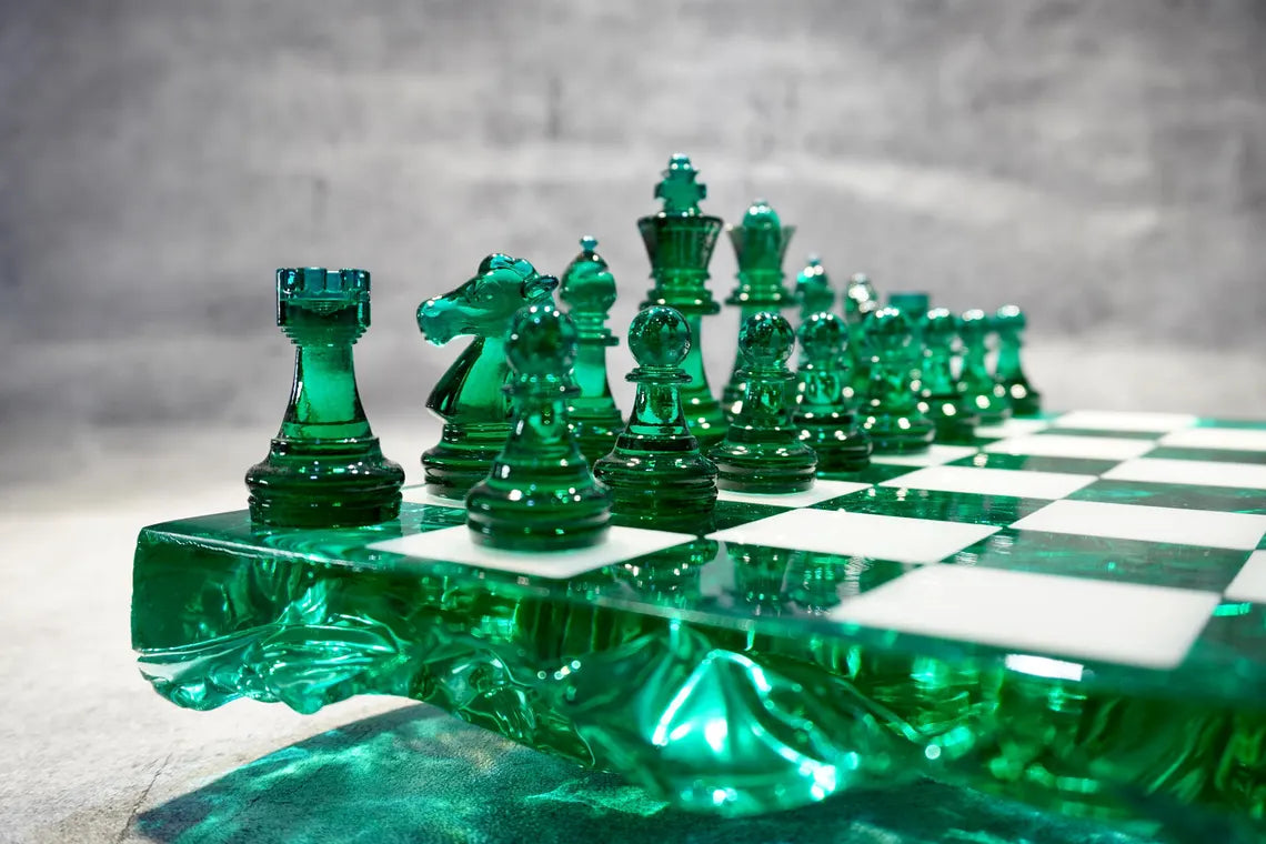 Handmade Dark Green Resin - Personalized Chess Set: Luxury Board Game, Gift for All