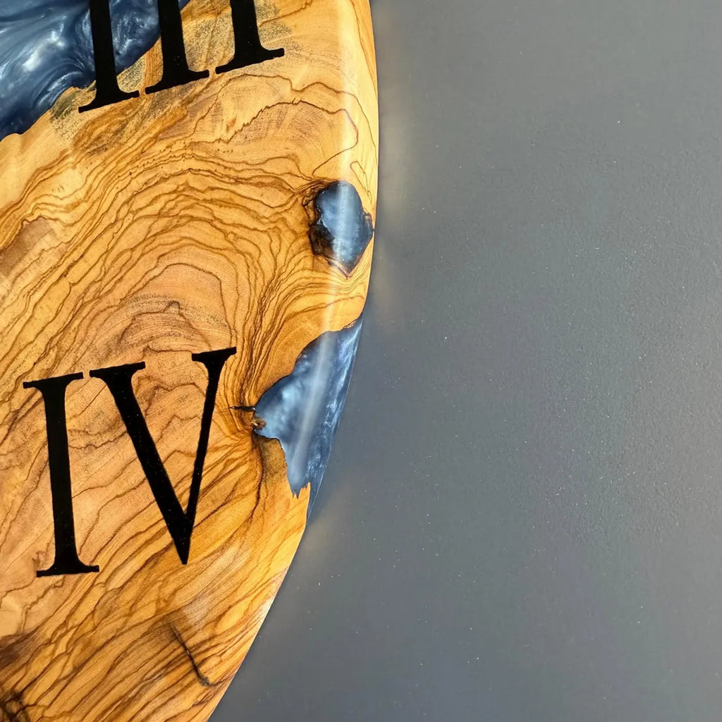 Turquoise River Epoxy Wood Wall Clock – Handmade Roman Numeral Decor
