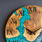 Turquoise River Epoxy Wood Wall Clock – Handmade Roman Numeral Decor