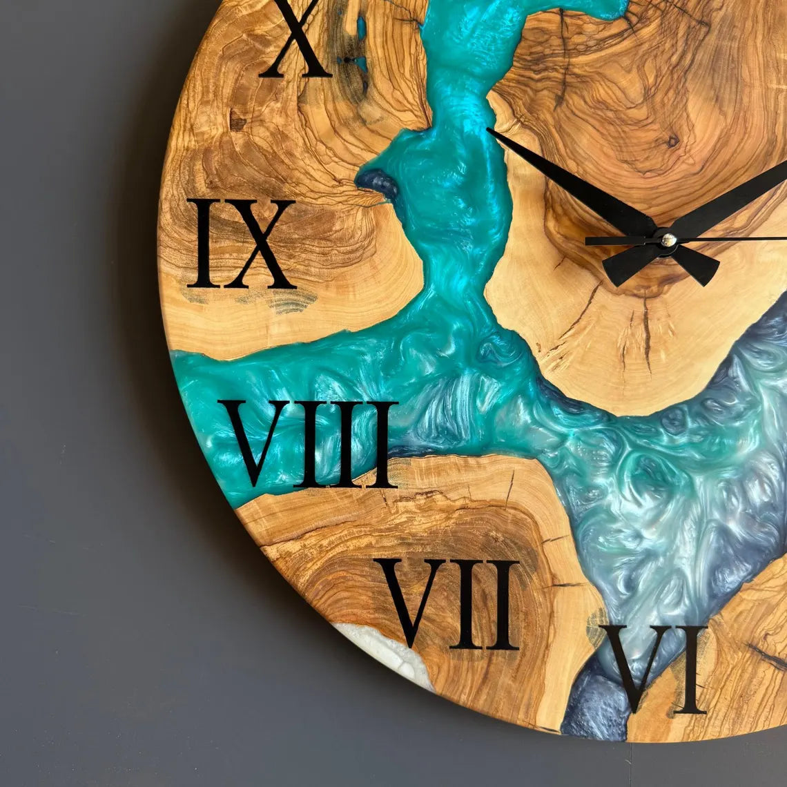 Turquoise River Epoxy Wood Wall Clock – Handmade Roman Numeral Decor