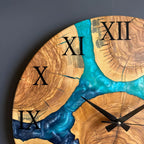 Turquoise River Epoxy Wood Wall Clock – Handmade Roman Numeral Decor