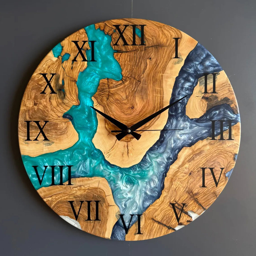 Turquoise River Epoxy Wood Wall Clock – Handmade Roman Numeral Decor
