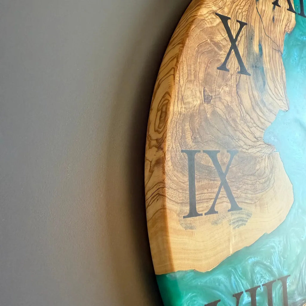 Turquoise River Epoxy Wood Wall Clock – Handmade Roman Numeral Decor