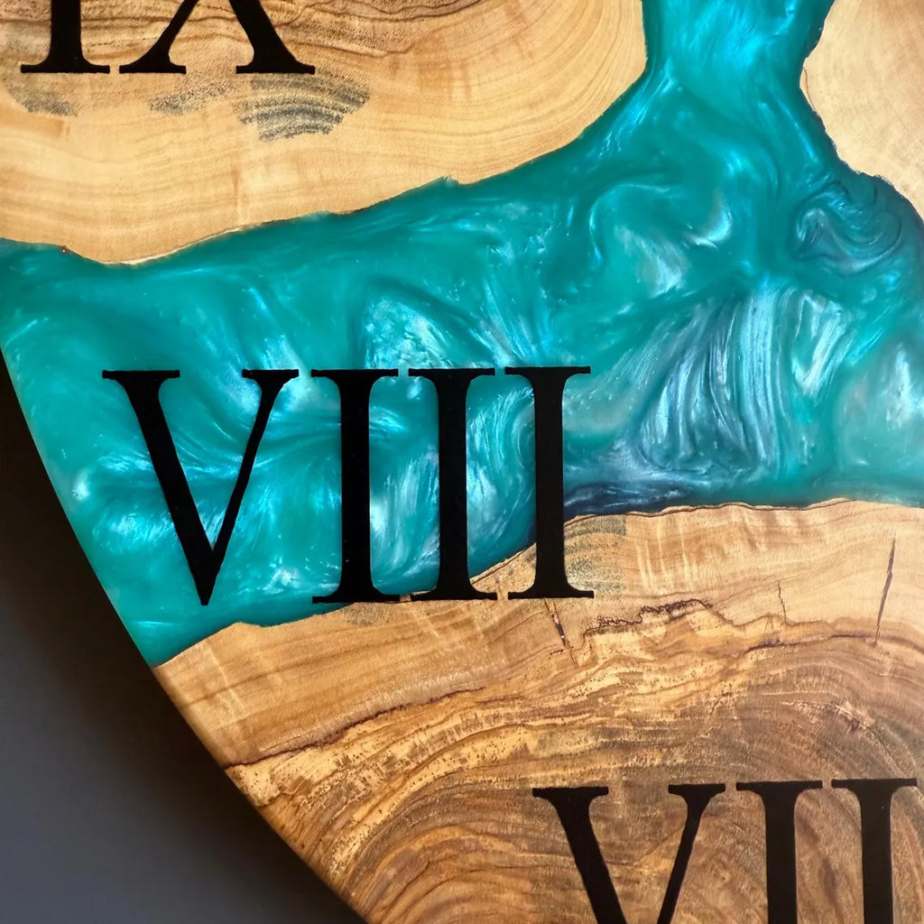 Turquoise River Epoxy Wood Wall Clock – Handmade Roman Numeral Decor