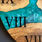 Turquoise River Epoxy Wood Wall Clock – Handmade Roman Numeral Decor