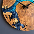 Turquoise River Epoxy Wood Wall Clock – Handmade Roman Numeral Decor