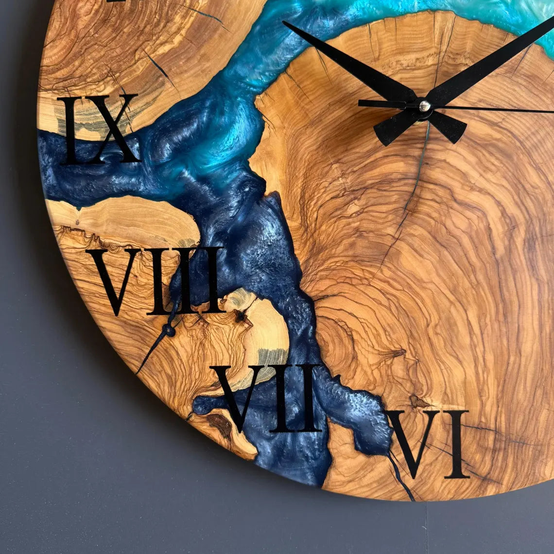 Turquoise River Epoxy Wood Wall Clock – Handmade Roman Numeral Decor