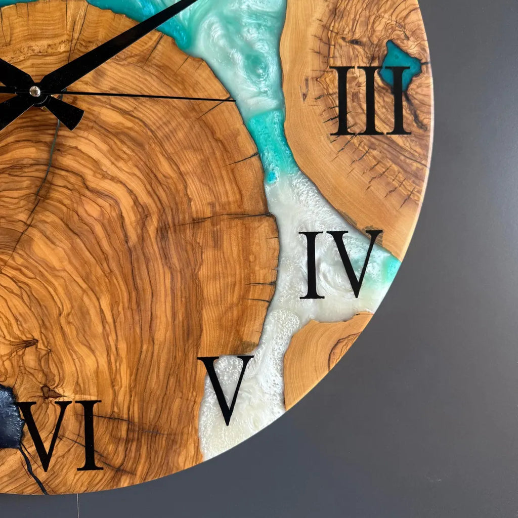 Turquoise River Epoxy Wood Wall Clock – Handmade Roman Numeral Decor