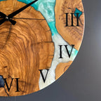 Turquoise River Epoxy Wood Wall Clock – Handmade Roman Numeral Decor