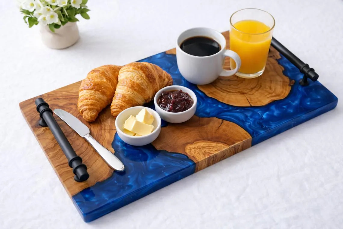 Ocean Blue Epoxy Wood Serving Tray – Resin River Breakfast Tray with Handles