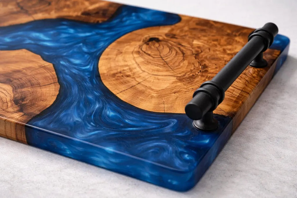 Ocean Blue Epoxy Wood Serving Tray – Resin River Breakfast Tray with Handles