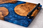 Ocean Blue Epoxy Wood Serving Tray – Resin River Breakfast Tray with Handles