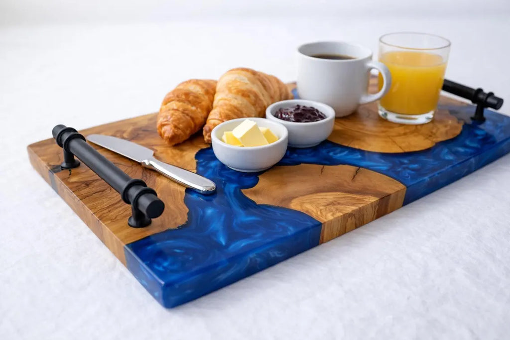 Ocean Blue Epoxy Wood Serving Tray – Resin River Breakfast Tray with Handles
