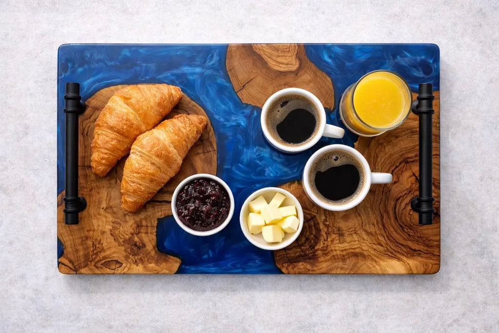 Ocean Blue Epoxy Wood Serving Tray – Resin River Breakfast Tray with Handles