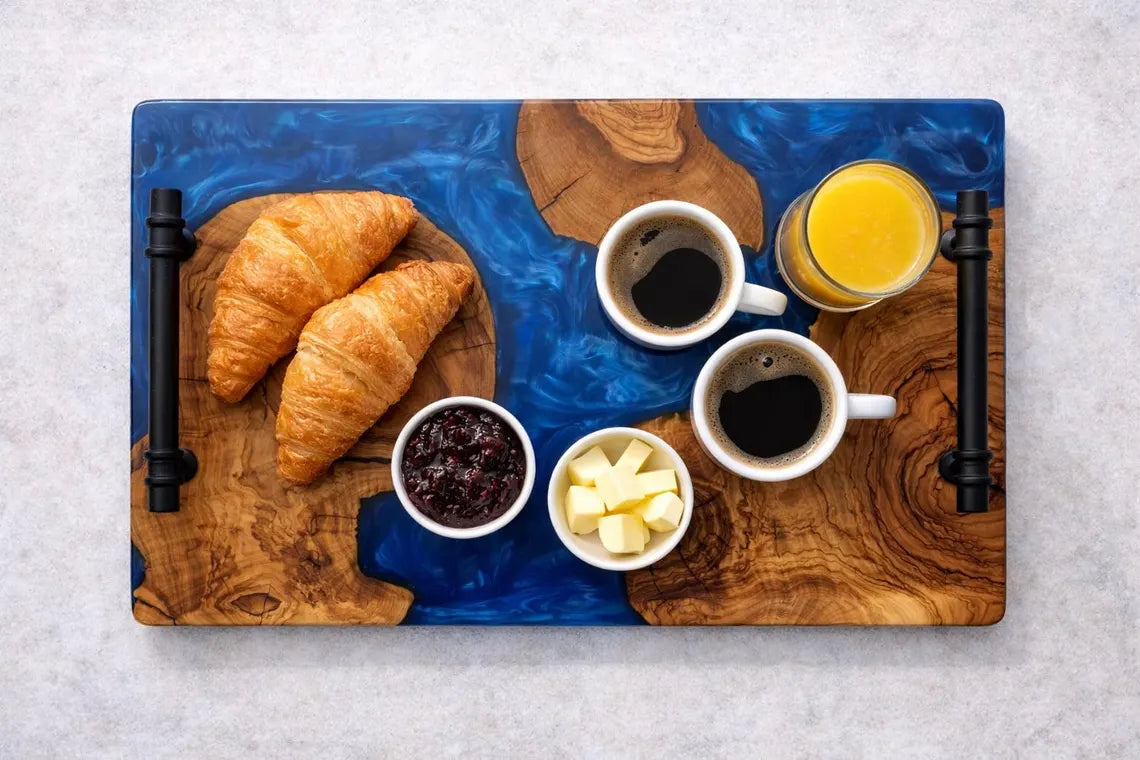 Ocean Blue Epoxy Wood Serving Tray – Resin River Breakfast Tray with Handles