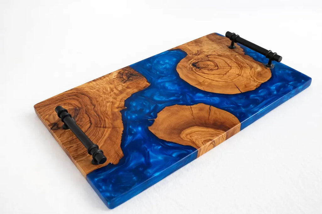 Ocean Blue Epoxy Wood Serving Tray – Resin River Breakfast Tray with Handles