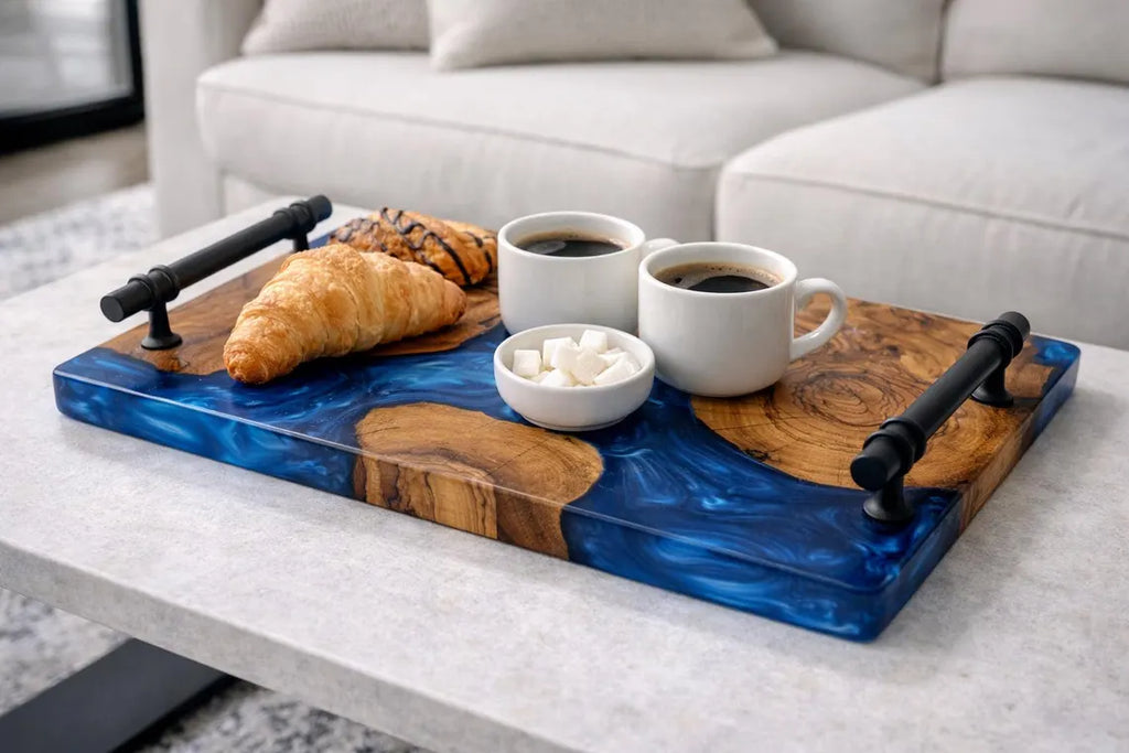 Ocean Blue Epoxy Wood Serving Tray – Resin River Breakfast Tray with Handles