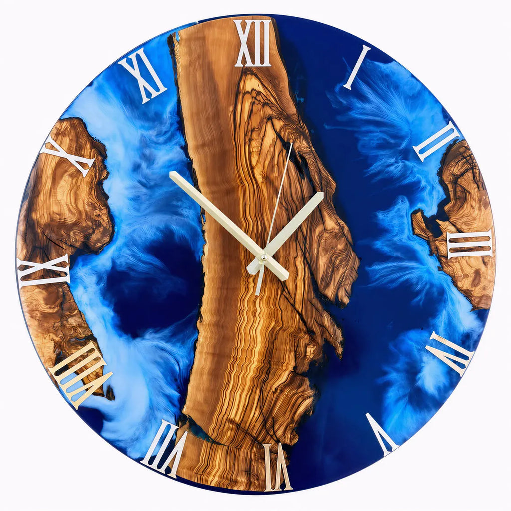 Deep Blue River Epoxy Wood Wall Clock – Handmade Resin Decor