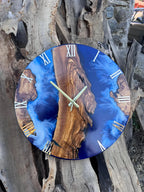 Deep Blue River Epoxy Wood Wall Clock – Handmade Resin Decor