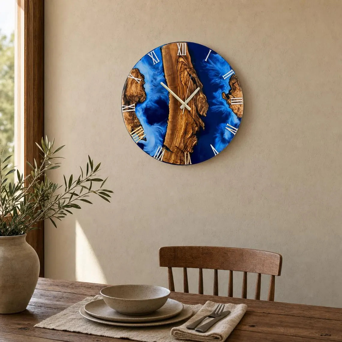 Deep Blue River Epoxy Wood Wall Clock – Handmade Resin Decor