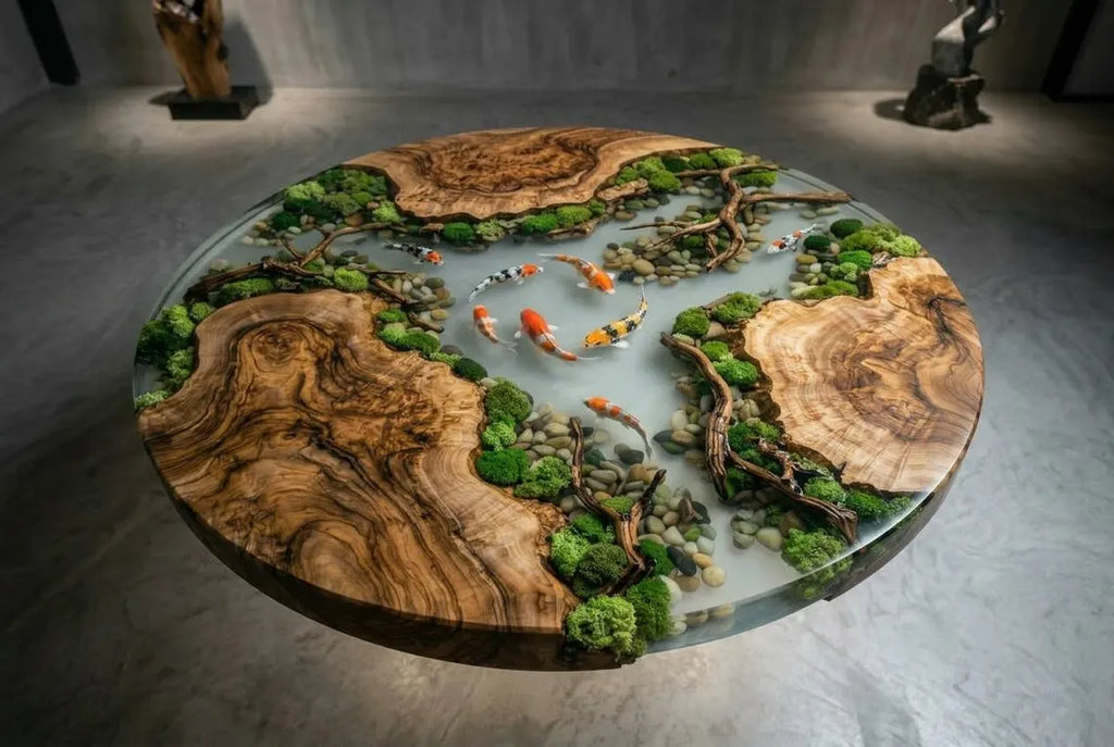 Koi Garden Epoxy Coffee Table – Round Wood Pond Landscape Table