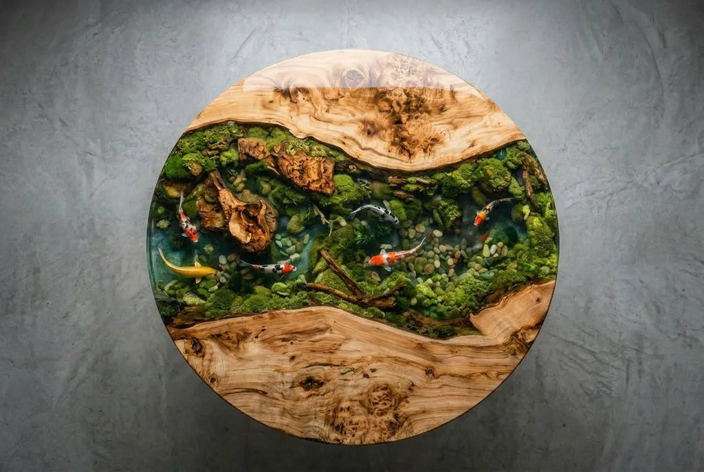Koi Garden Epoxy Coffee Table – Round Wood Pond Landscape Table