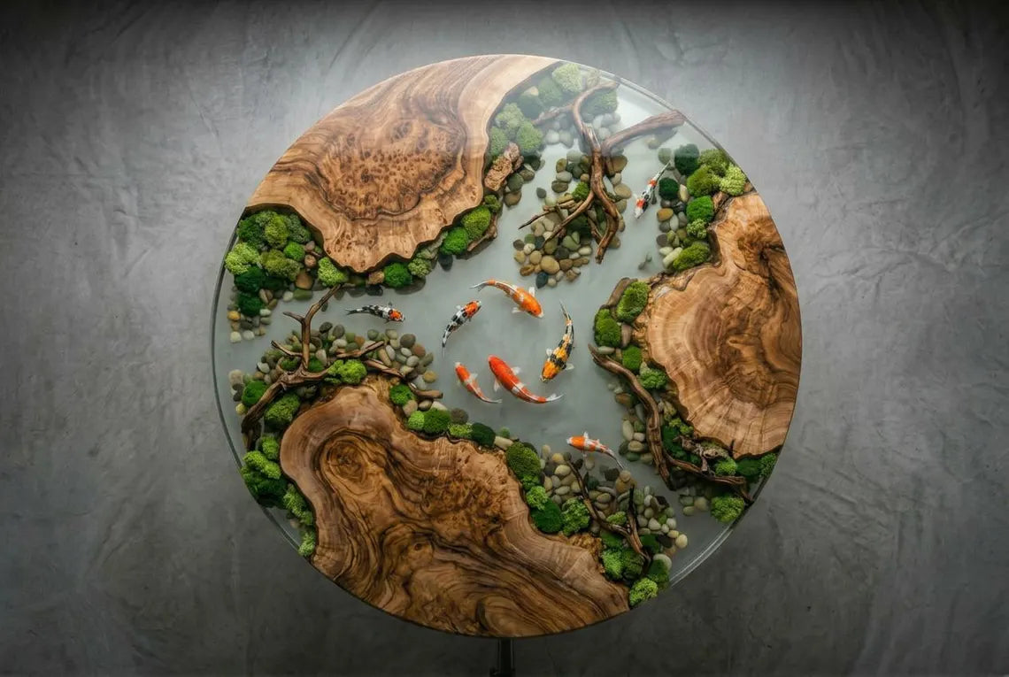 Koi Garden Epoxy Coffee Table – Round Wood Pond Landscape Table