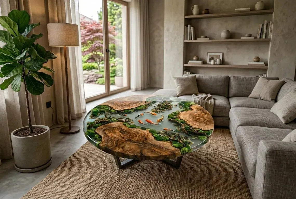 Koi Garden Epoxy Coffee Table – Round Wood Pond Landscape Table